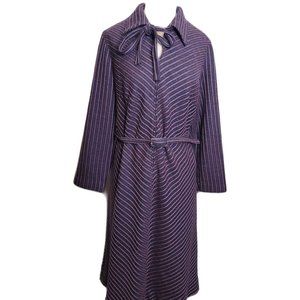 Vintage Shirt Dress Amy Adams Stripe Belted Tie Neck Collared Purple Black 60s